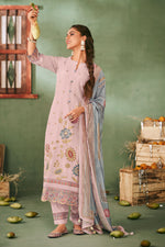 Load image into Gallery viewer, Pure Muslin Jacquard Embroidered Designer Straight Cut Salwar Suit In Pink Color