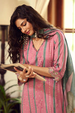 Load image into Gallery viewer, Pure Muslin Silk Fancy Borer Embroidery Digital Print Salwar Suit In Pink Color