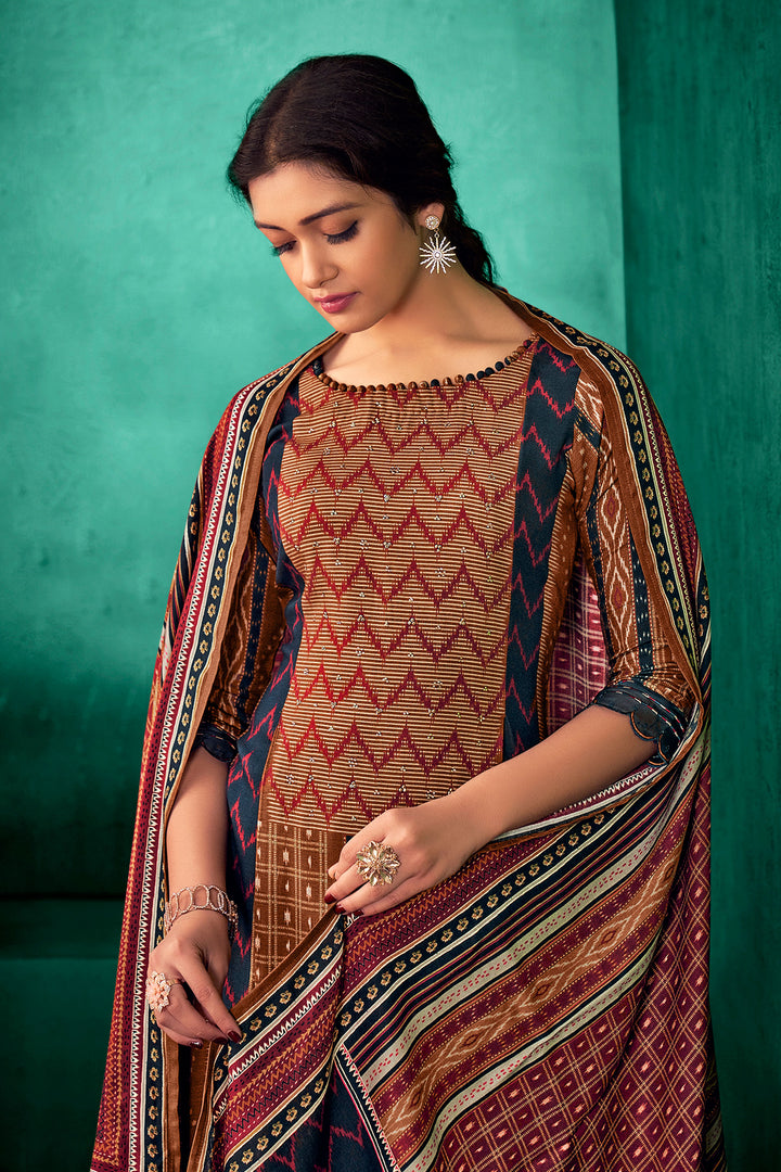 Brown Pure Pashmina Digital Print Casual Salwar Kameez