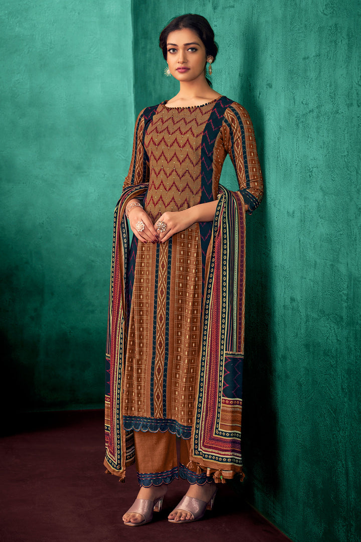 Brown Pure Pashmina Digital Print Casual Salwar Kameez