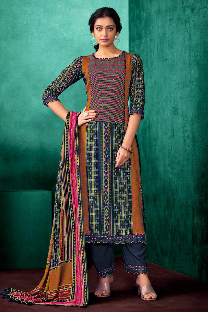 Blue Pure Pashmina Digital Print Casual Salwar Suit