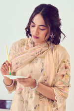 Load image into Gallery viewer, Beige Pure Cotton Fancy Borer Embroidery With Hand Work Brush Print Long Suit