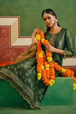 Load image into Gallery viewer, Jacquard Embroidered Green Designer Straight Cut Dress