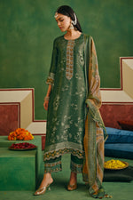Load image into Gallery viewer, Jacquard Embroidered Green Designer Straight Cut Dress