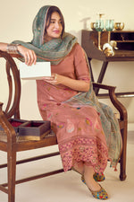 Load image into Gallery viewer, Designer Pure Muslin Jacquard Straight Cut Salwar Kameez with Fancy Brush Print in Pink