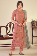 Load image into Gallery viewer, Designer Pure Muslin Jacquard Straight Cut Salwar Kameez with Fancy Brush Print in Pink