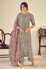 Load image into Gallery viewer, Designer Pure Muslin Jacquard Straight Cut Salwar Kameez with Fancy Brush Print in Grey