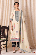 Load image into Gallery viewer, Traditional Off White Embroidered Cotton Suit With Lace Work Dupatta