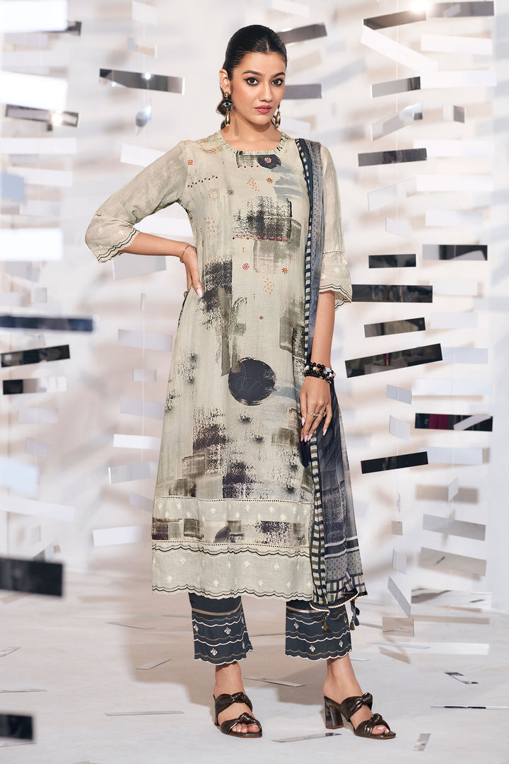 Beige Pure Linen Digital Print Casual Salwar Suit