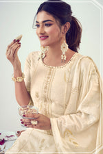 Load image into Gallery viewer, Cream Pure Cotton Foil Print With Embroidery Work Stylish Dress