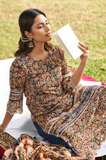 Load image into Gallery viewer, Blue Pure Cotton Hand Block Print Long Straight Cut Suit