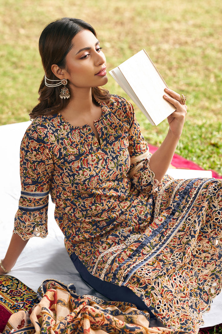 Blue Pure Cotton Hand Block Print Long Straight Cut Suit