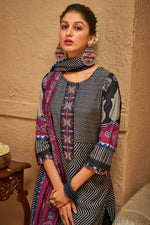Load image into Gallery viewer, Black Pure Muslin Silk Gold Lining Digital Print Long Salwar Kameez