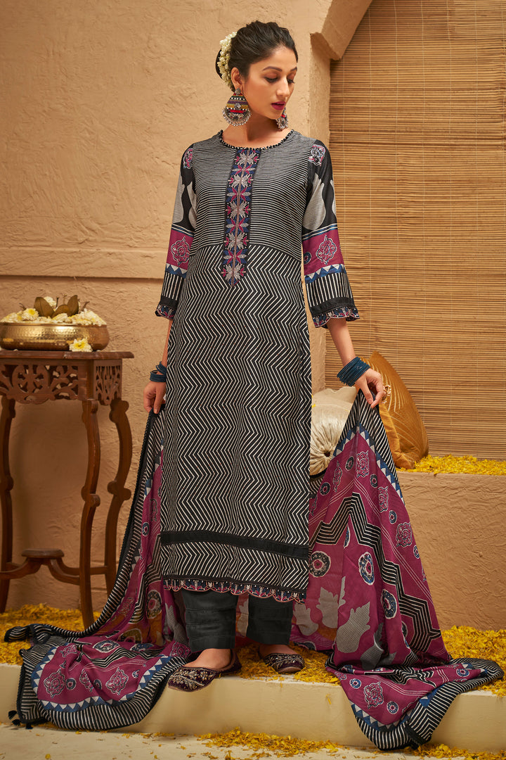 Black Pure Muslin Silk Gold Lining Digital Print Long Salwar Kameez