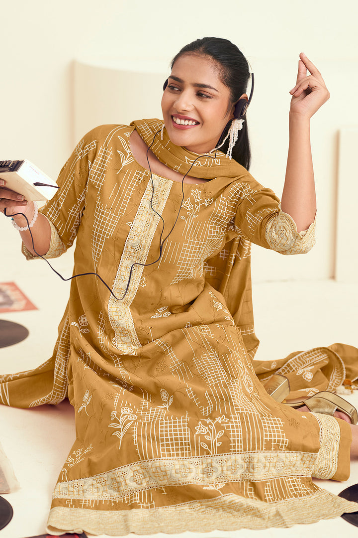 Brown Color Pure Cotton Embroidery Block Print Suit
