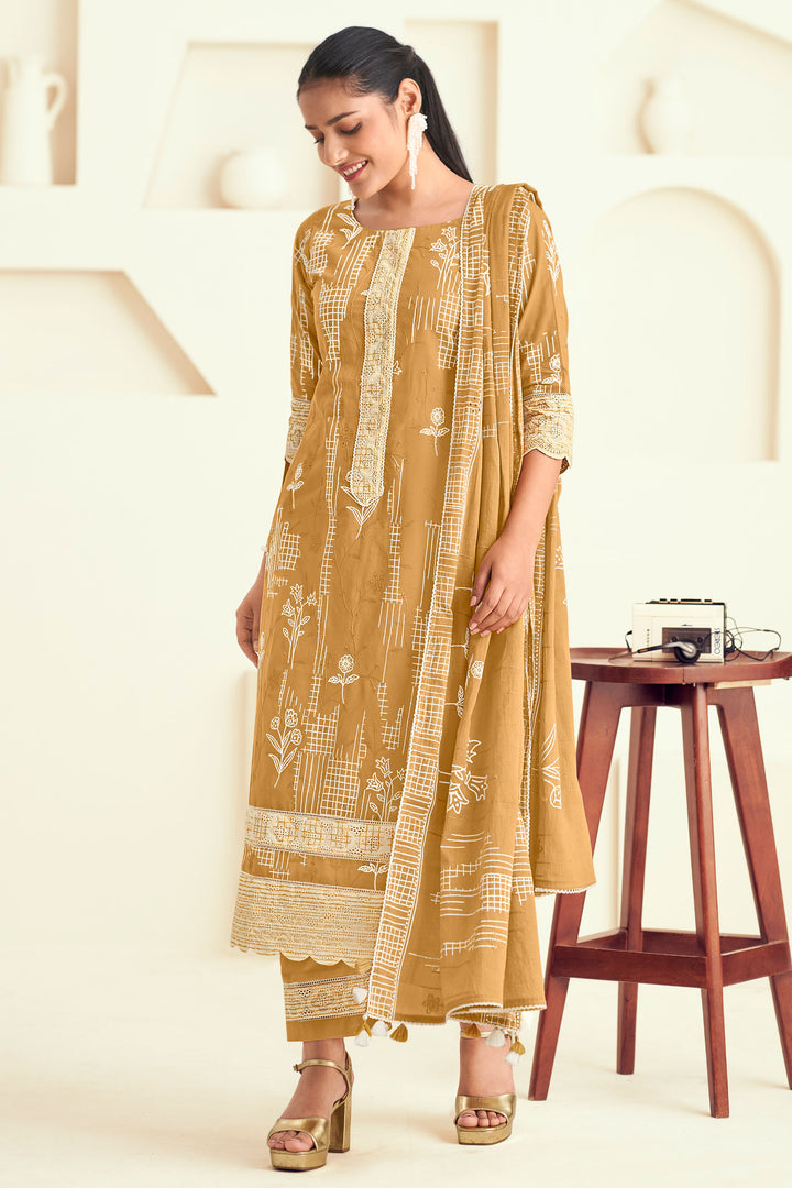 Brown Color Pure Cotton Embroidery Block Print Suit