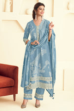 Load image into Gallery viewer, Sky Blue Pure Cotton Embroidery Block Print Dress