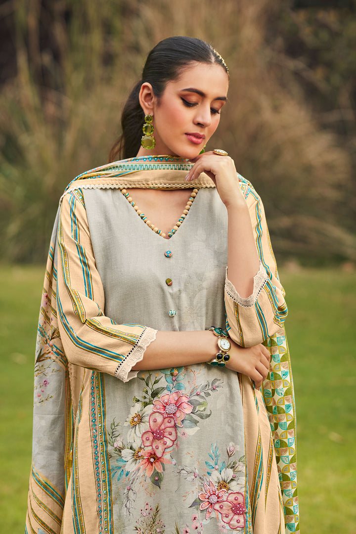 Beige Pure Lilen Digital Print Salwar Suit