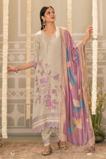 Load image into Gallery viewer, Tissue Jacquard Fancy Embroidered Designer Straight Cut Salwar Kameez In Beige Color