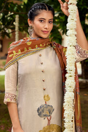 Beige Pure Tissue Jacquard Embroidered Designer Straight Cut Salwar Suit