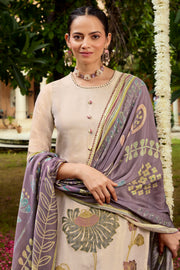 Designer Beige Tissue Jacquard Salwar Kameez With Embroidered Work