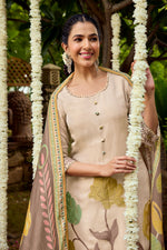 Load image into Gallery viewer, Pure Tissue Jacquard With Fancy Embroidery Work Long Salwar Suit In Beige Color