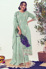 Load image into Gallery viewer, Excellent Pure Cotton Hand Block Print With Handwork Salwar Kameez In Light Cyan Color
