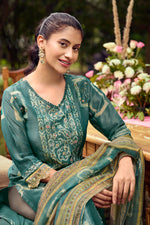 Load image into Gallery viewer, Teal Color Pure Tissue Hand Batik Print With Hand Work Suit