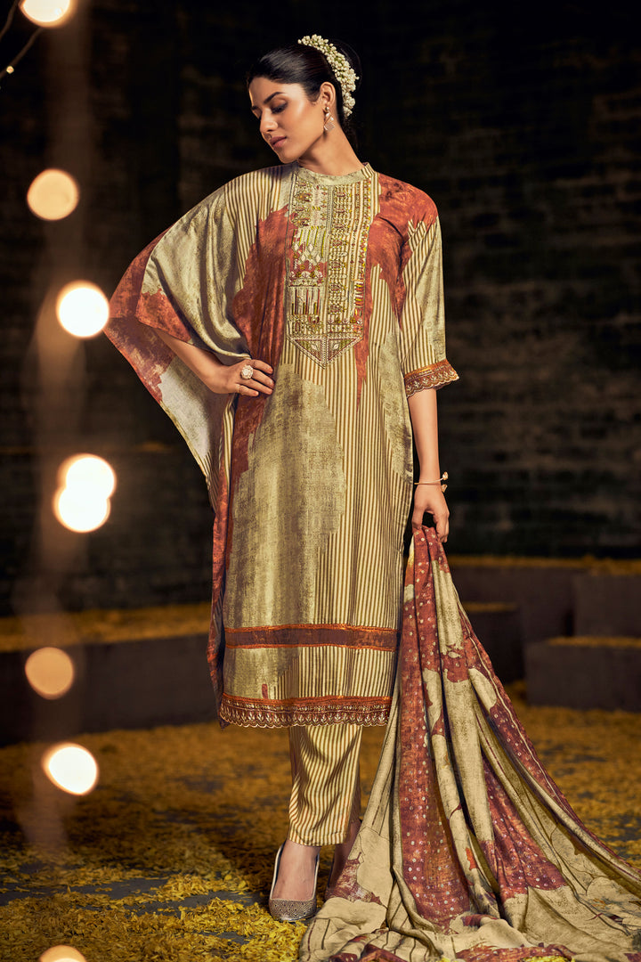 Brown Pure Muslin Silk Digital Print Straight Cut Salwar Kameez