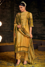 Load image into Gallery viewer, Mustard Pure Muslin Silk Digital Print Straight Cut Suit