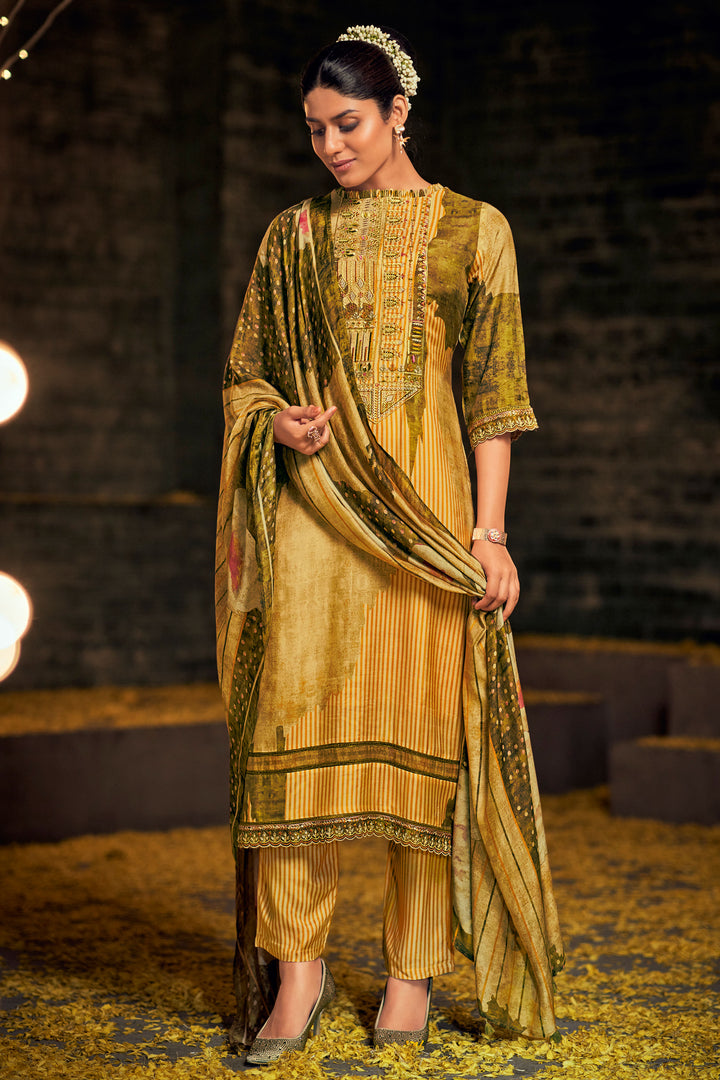 Mustard Pure Muslin Silk Digital Print Straight Cut Suit