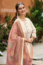 Load image into Gallery viewer, Premium Mal Chanderi Jacquard Beige Embroidered Casual Salwar Kameez