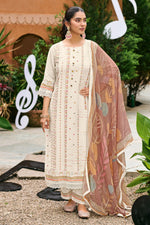 Load image into Gallery viewer, Premium Mal Chanderi Jacquard Beige Embroidered Casual Salwar Kameez