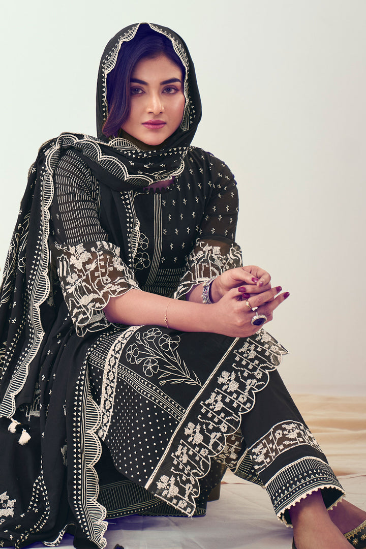 Black Pure Organdy Khadi Block Print With Fancy Embroidery Designer Dress