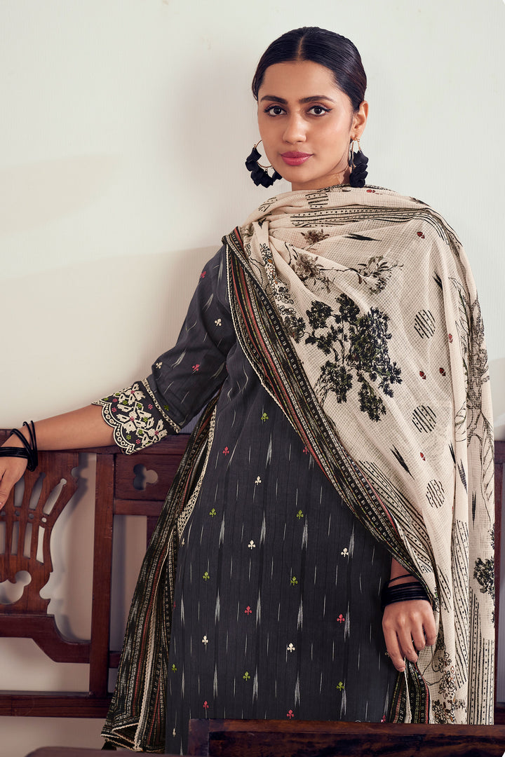 Black Pure Ikat Cotton Embroidery Work Long Straight Cut Salwar Suit