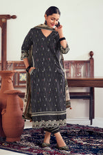 Load image into Gallery viewer, Black Pure Ikat Cotton Embroidery Work Long Straight Cut Salwar Suit