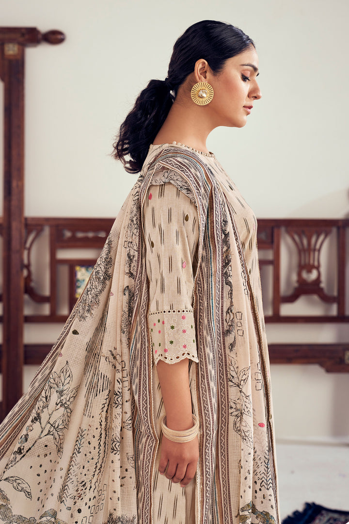 Beige Pure Ikat Cotton Embroidery Work Long Straight Cut Suit
