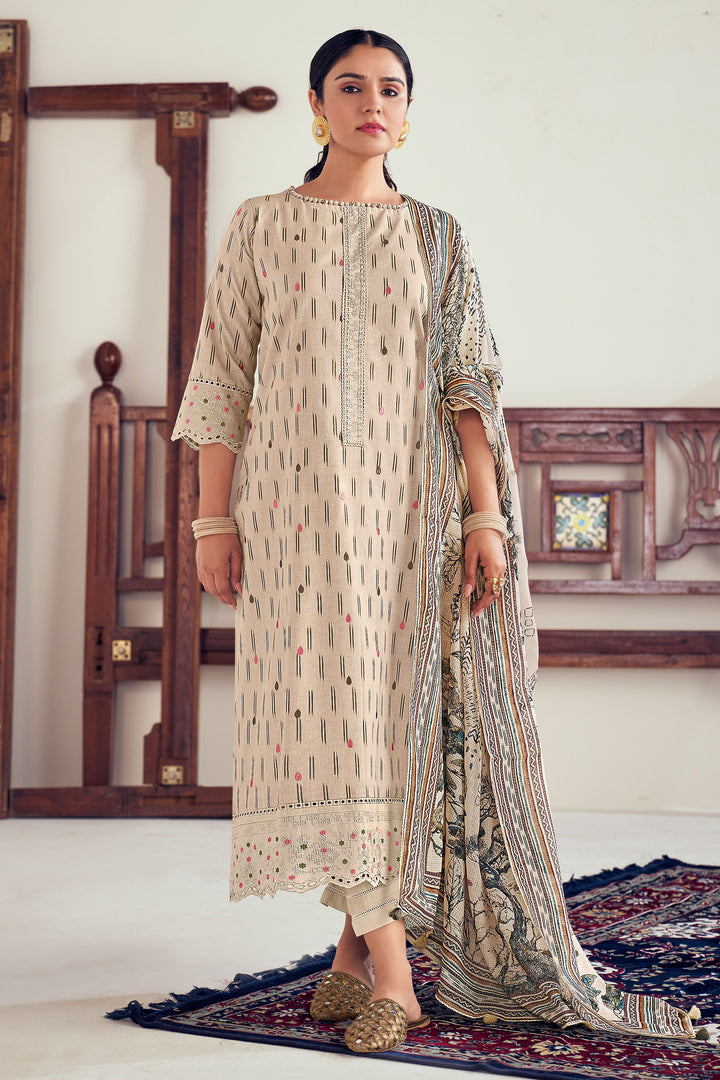 Beige Pure Ikat Cotton Embroidery Work Long Straight Cut Suit