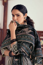 Load image into Gallery viewer, Grey Pure Ikat Cotton Embroidery Work Long Straight Cut Dress