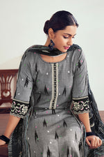 Load image into Gallery viewer, Pure Ikat Cotton Embroidery Work Long Straight Cut Salwar Suit In Grey Color