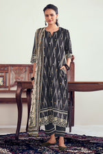 Load image into Gallery viewer, Pure Ikat Cotton Embroidery Work Long Straight Cut Suit In Black Color