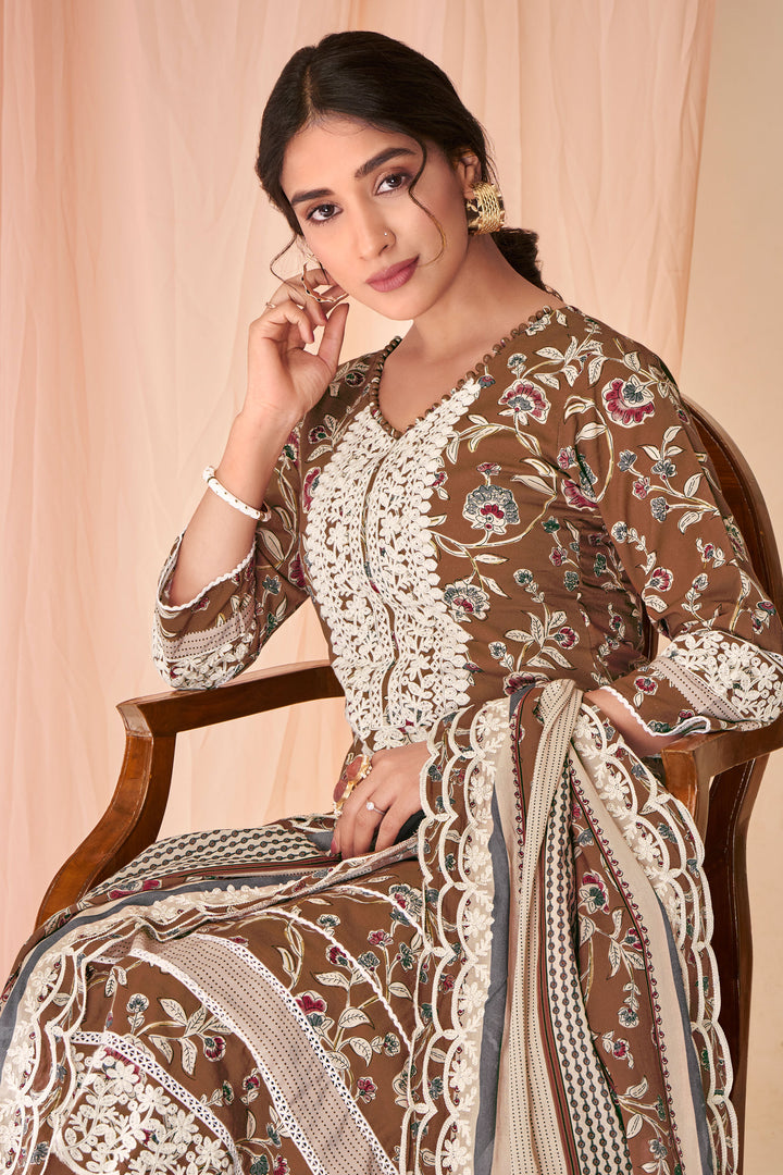 Brown Color Pure Cotton Block Print With Embroidery Work Salwar Suit