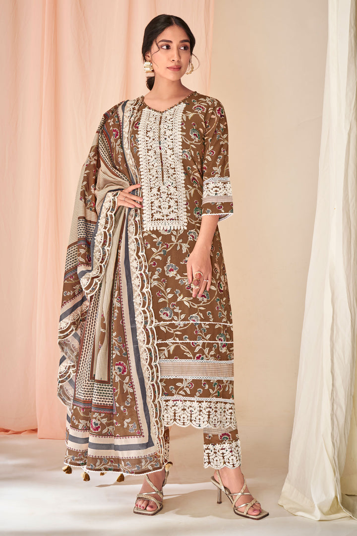Brown Color Pure Cotton Block Print With Embroidery Work Salwar Suit