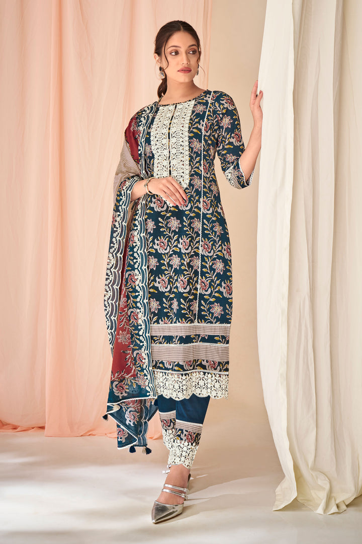 Teal Color Pure Cotton Block Print With Embroidery Work Dress