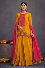 Load image into Gallery viewer, Mustard Pure Natural Crepe Gold Print With Embroidery Work Designer Salwar Kameez