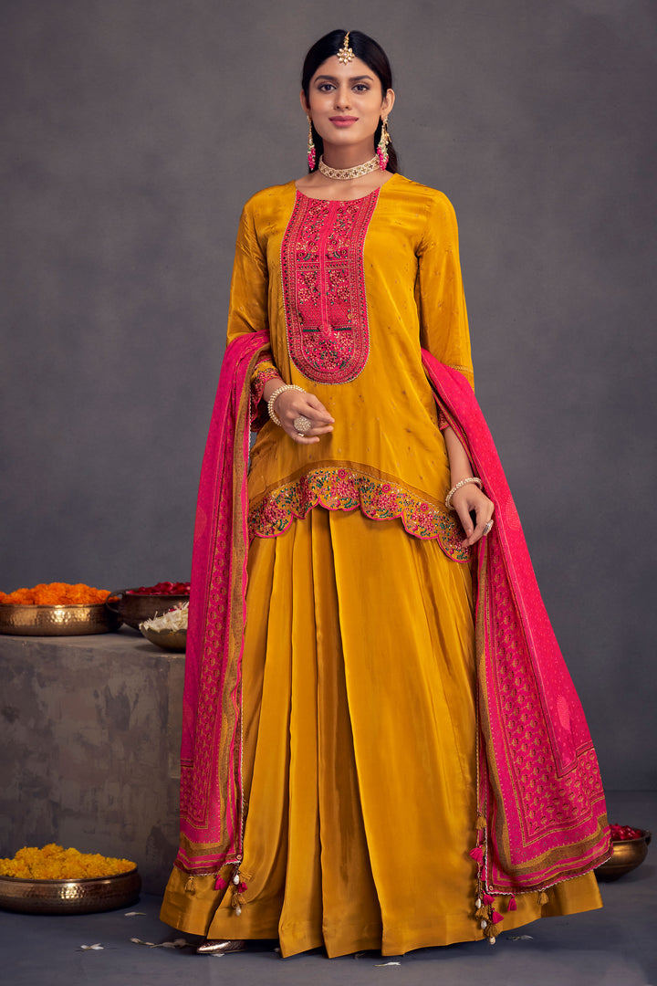 Mustard Pure Natural Crepe Gold Print With Embroidery Work Designer Salwar Kameez