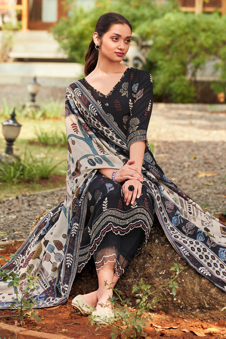 Black Pure Ajrak Print On Pure Muslin Jacquard Silk Long Straight Cut Dress