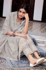 Load image into Gallery viewer, Grey Pure Cotton Embroidery Hand Block Print Salwar Suit