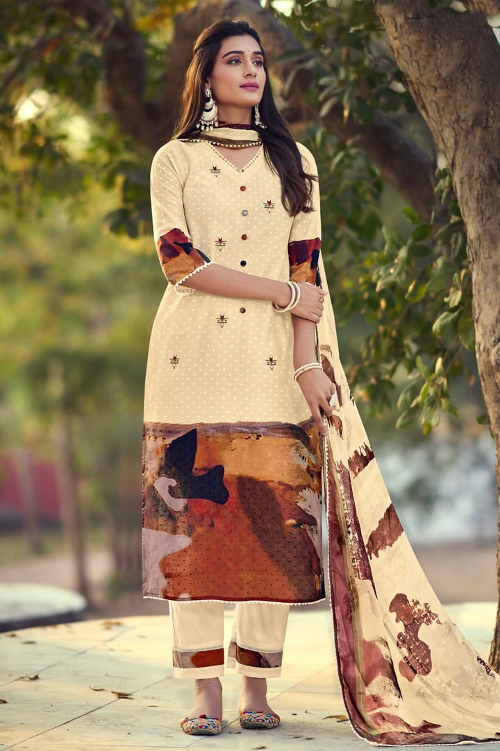 Beige Pure Cotton Booth Digital Print Beautiful Dress