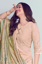 Load image into Gallery viewer, Pure Cotton Shriram Booti Embroidery Work Designer Salwar Suit In Peach Color